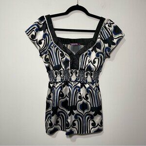 Smart Set women’s Babydoll 90’s Y2K Satin Top Black Blue geometric Print Size S
